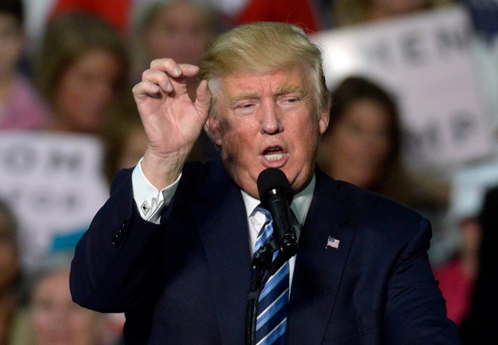 Seen here speaking in Charlotte, N.C., Republican presidential candidate Donald Trump is likely explaining the finer points of his conspiracy theory of the week.