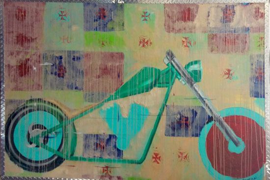 Quilted Bike by Charlie Patton, 78'' x 48'' Oil on linen, mixed medium (photo provided by artist)