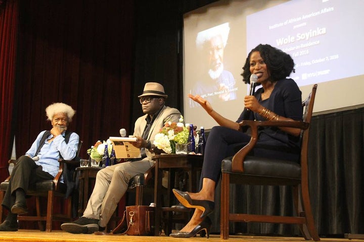 <p>Taiye Selasi, Awam Amkpa and Wole Soyinka at the NYU’s closing night of the Wole Soyinka Scholar-In-Residence Program</p>