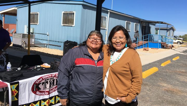KTNN host Dee Yazzie and Arizona Senate candidate Jamescita Mae Peshlakai at the opening of the Navajo Nation early voting site in Fort Defiance, Arizona.