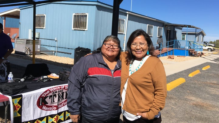 KTNN host Dee Yazzie and Arizona Senate candidate Jamescita Mae Peshlakai at the opening of the Navajo Nation early voting si