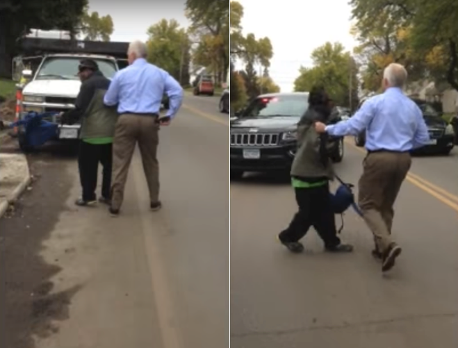 Video captured the man being arrested after he allegedly walked in a street where construction work had closed one of two sidewalks.