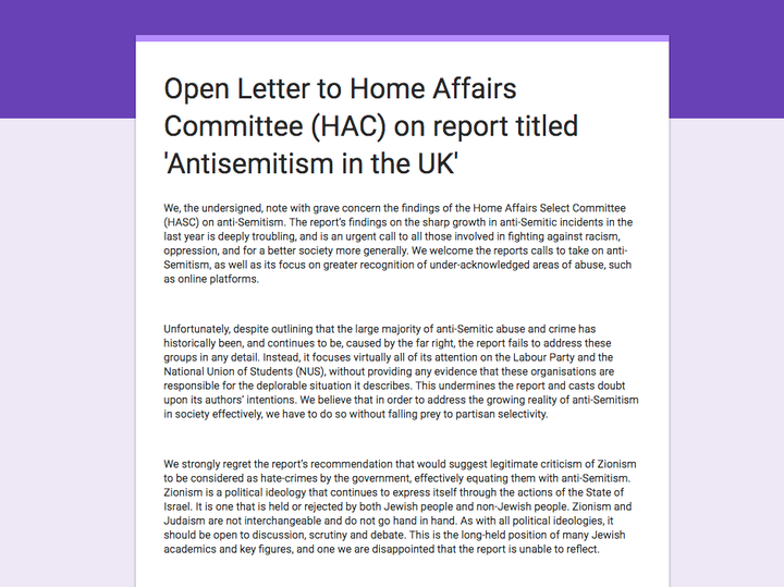 More than 175 people have signed the open letter to the Home Affairs Select Committee