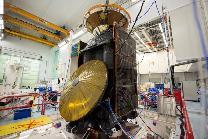 The Trace Gas Orbiter Schiaparelli lander are pictured during vibration testing at Thales Alenia Space in Cannes France on 23 April 2015.