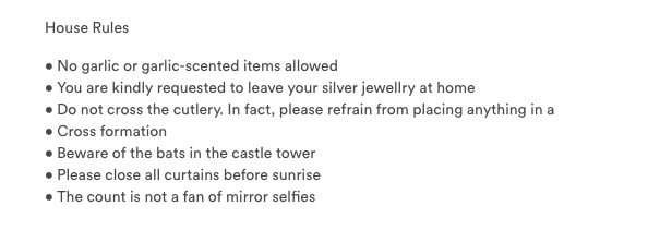 Guests at Dracula's castle must abide by these rules this Halloween.