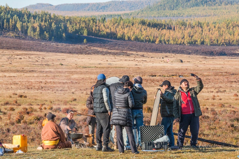 Film crew during the shooting of a documentary about Tsaatan culture