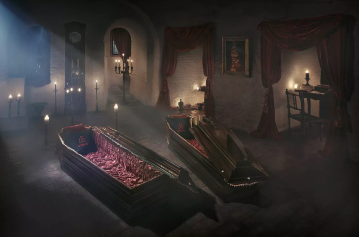 Winners will sleep in luxurious velvet-trimmed coffins in the seclusion of the Count’s crypt