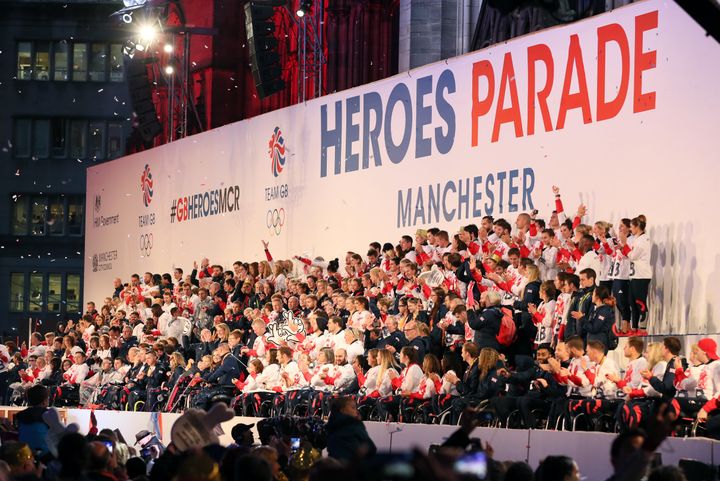 GB's Olympic and Paralympic athletes on stage during the homecoming event