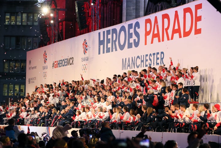 GB's Olympic and Paralympic athletes on stage during the homecoming event