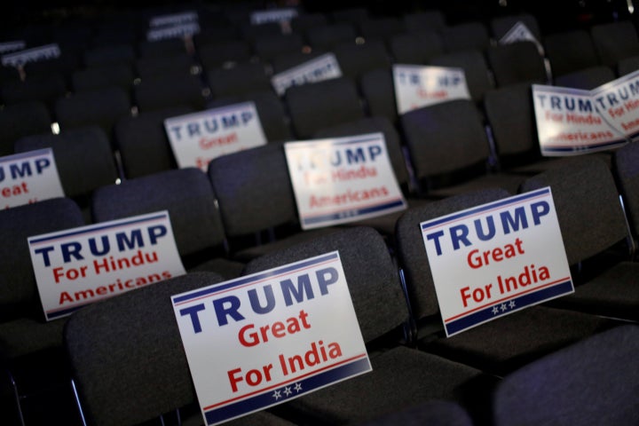 Signs are ready for attendees to hold during a Bollywood-themed charity concert put on by the Republican Hindu Coalition.