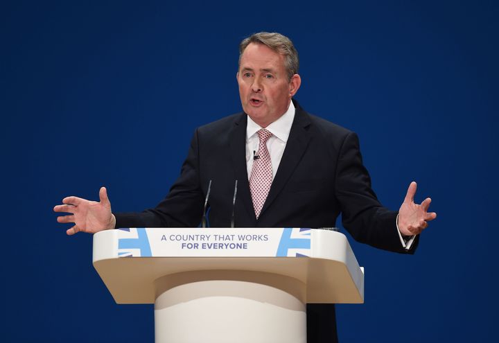 Secretary of State for International Trade Liam Fox speaks at the Conservative party conference at the ICC in Birmingham.