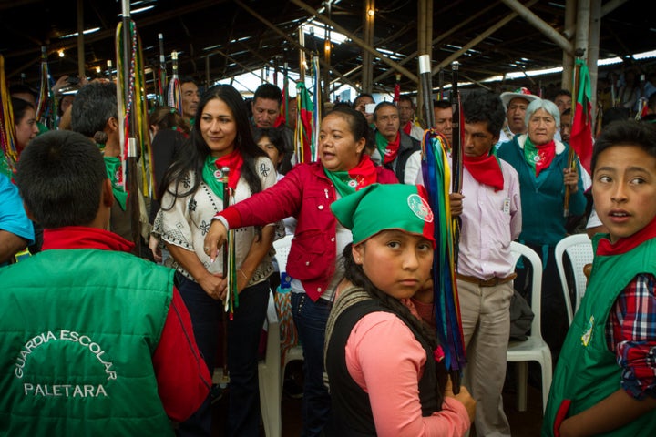 Indigenous community members convene in La María, Cauca, on Sept. 7 to receive the peace delegates after finalizing th