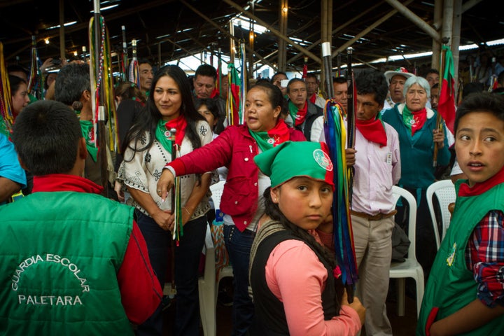 Indigenous community members convene in La María, Cauca, on Sept. 7 to receive the peace delegates after finalizing the peace accord in Havana, Cuba.