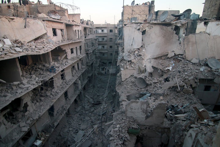 Buildings destroyed by Russian airstrikes in the Bustan Al-Qasr neighborhood of Aleppo, Syria, on Oct. 18, 2016.