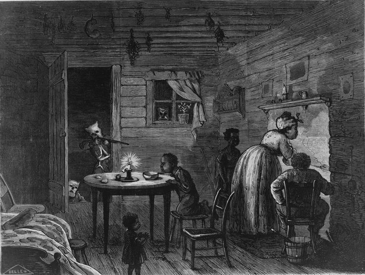 This chilling engraving of a black family being terrorized by a Klansman was made in 1872.