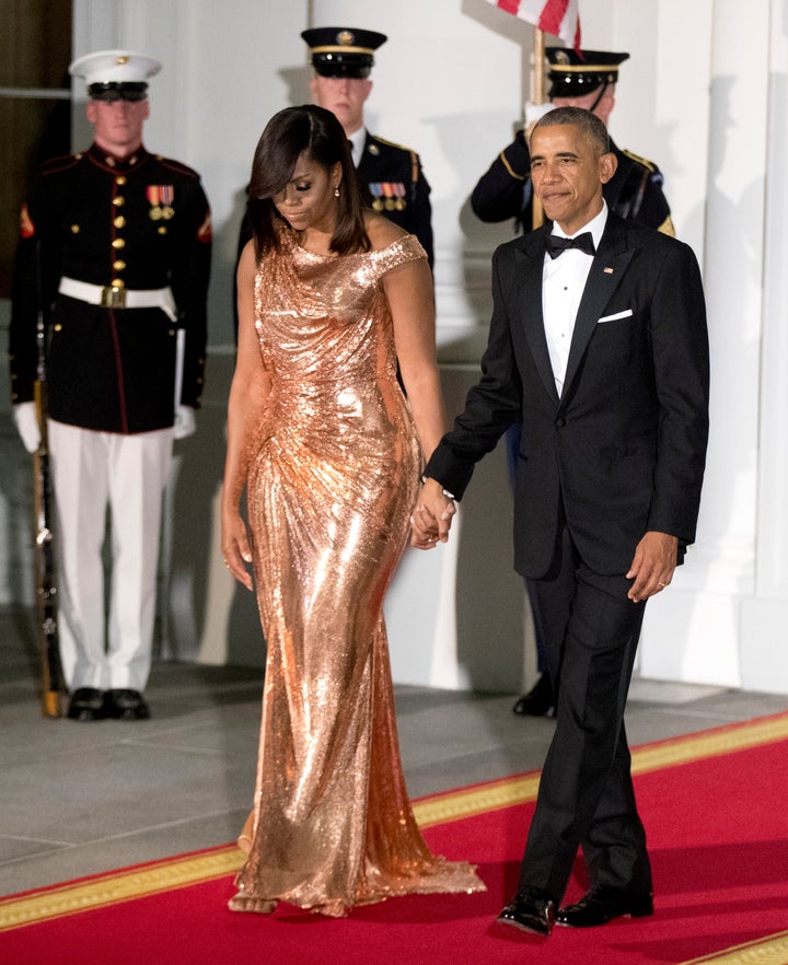 Michelle obama 2025 rose gold dress