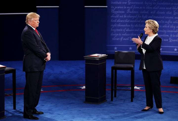 Presidential candidates Hillary Clinton (D) and Donald Trump (R) tangle at the second debate on October 9th, 2016 at Washington University in St. Louis, Missouri