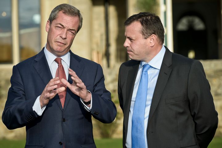 <strong>Arron Banks (r) with Nigel Farage in 2014</strong>