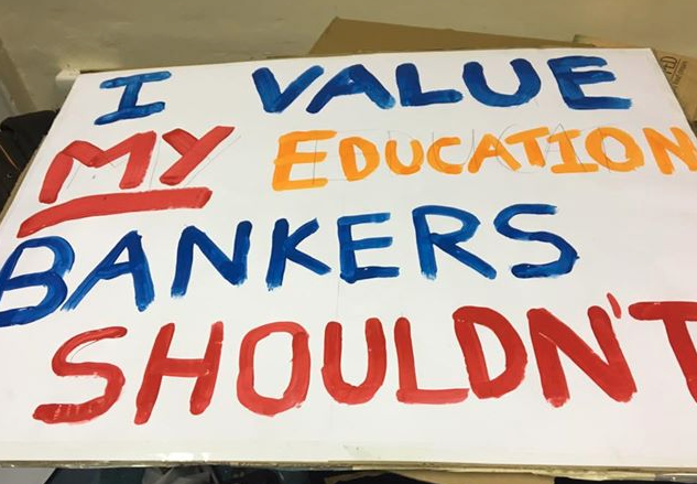 A banner prepared by students for the march today