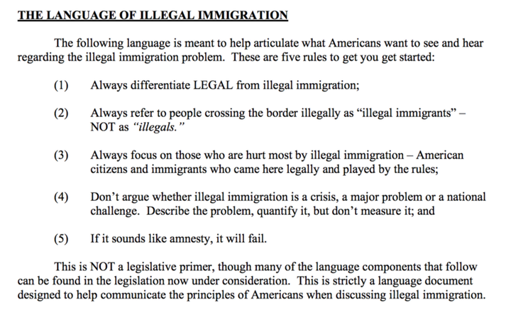 Screenshot from Frank Luntz’s leaked 2005 memo to the GOP, advising the party on illegal immigration