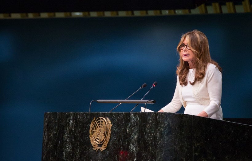 Cheri Kaufman addresses the youth delegates at the General Assembly Hall at the United Nations on August 10.