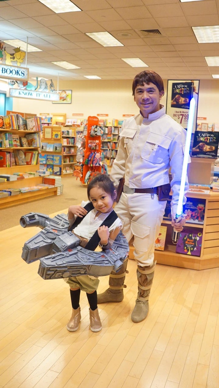 Five-year-old Harley helped her dad build a wearable Millennium Falcon.