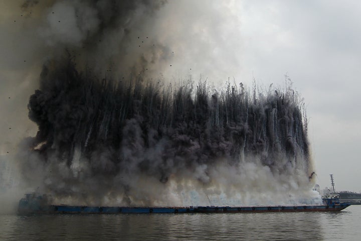 Cai's fireworks show for the opening of his exhibit "The Ninth Wave," near Huangpu river in Shanghai on Aug. 8, 2014.