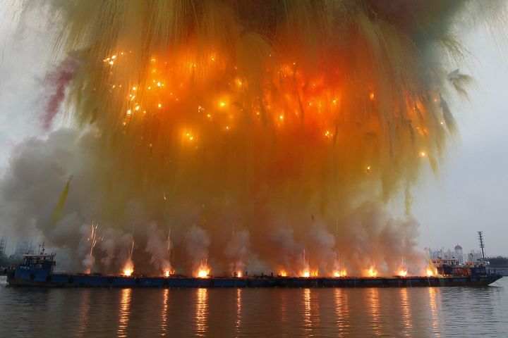 Cai's fireworks show for the opening of his exhibit "The Ninth Wave," near Huangpu river in Shanghai on Aug. 8, 2014.
