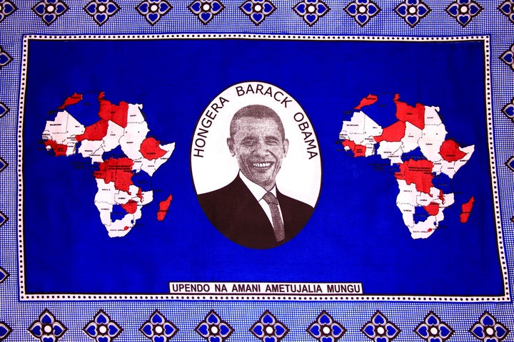 2008 Kanga wrap sold in Kenya: Swahili Translation "Congratulations Barack Obama Love and Peace has been granted to us by god"