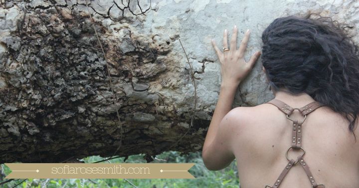 a queer femme of color {sofia rose smith} has her hands on the wide girth of a tree trunk. the bark is multi-colored beige, black, grey, white. Sofia's hair is curly and her back is exposed. 