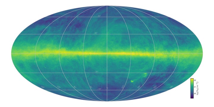 This map of the Milky Way is built from data gathered by two radio telescopes. The varied colors reflect total hydrogen content.