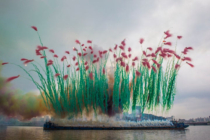 Cai's fireworks show for the opening of his exhibit "The Ninth Wave," near Huangpu river in Shanghai on Aug. 8, 2014.