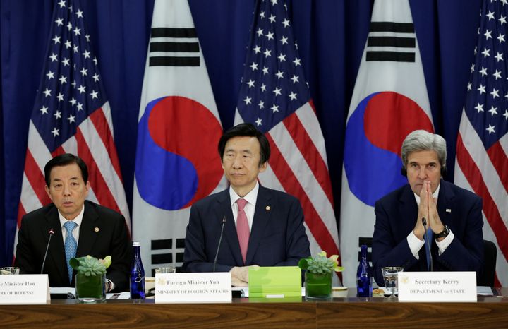 U.S. Secretary of State John Kerry, right, held meetings with South Korea's Minister of Foreign Affairs Yun Byung-se and Minister of National Defense Han Min-koo, left, on Wednesday. The launch came shortly after the two countries agreed to bolster military and diplomatic efforts to counter the North’s nuclear and missile programs.
