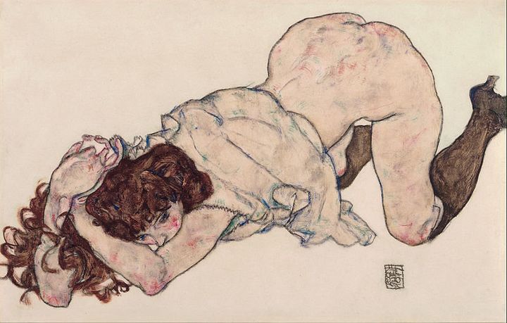 Egon Schiele, "Kneeling Girl, Resting on Both Elbows," 1917.