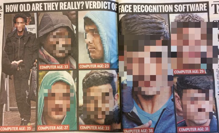 How Thursday's Daily Mail presented its 'verdict' on child refugee ages (pixellation by HuffPost UK)