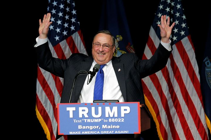 Maine Gov. Paul LePage introducing Republican presidential candidate Donald Trump in Bangor, Maine, on June 29.