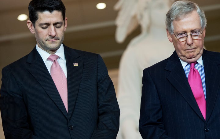 House Speaker Paul Ryan, left, and Senate Majority Leader Mitch McConnell have kept mum regarding Donald Trump's statement that he won't necessarily accept the results of November's election. 