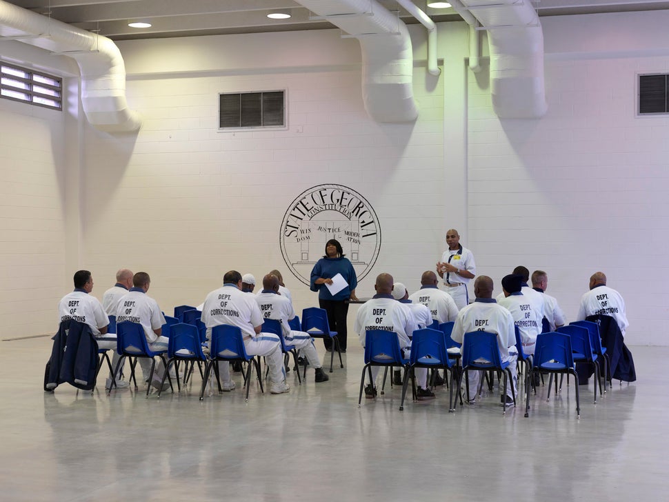 Meeting of the committee of "lifers" -- men with a life sentence -- in Georgia State Prison. This medium-security prison near