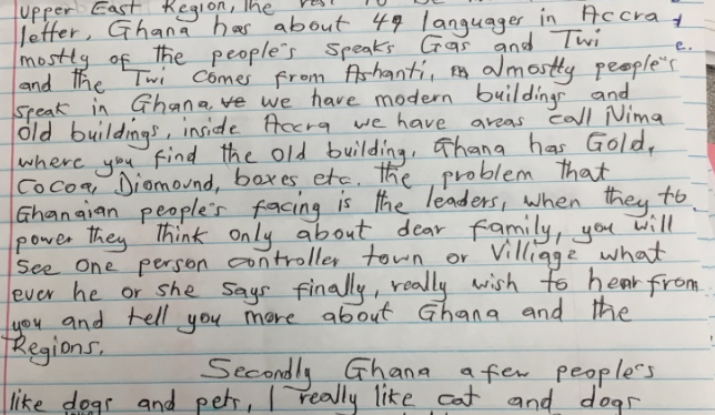 Letter summarizing the diverse languages, varied landscapes, and main industries of modern Ghana.