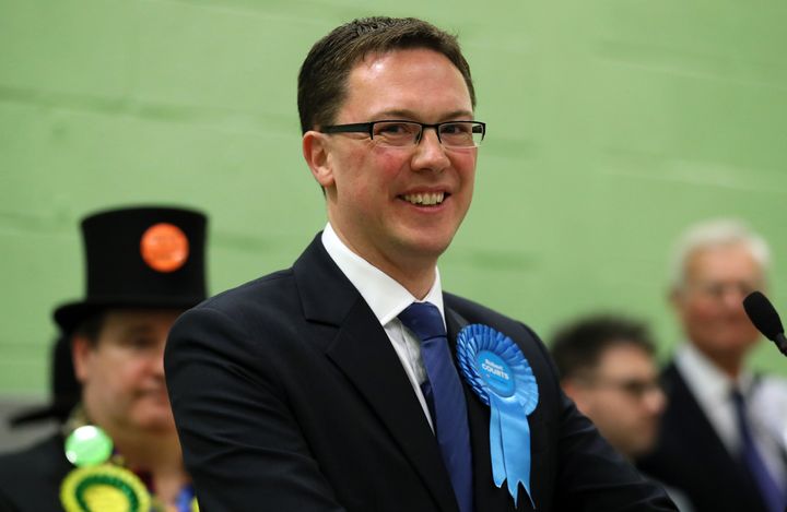 Conservative candidate Robert Courts makes a speech after winning the Witney by election at The Windrush Leisure Centre in Witney Oxfordshire.