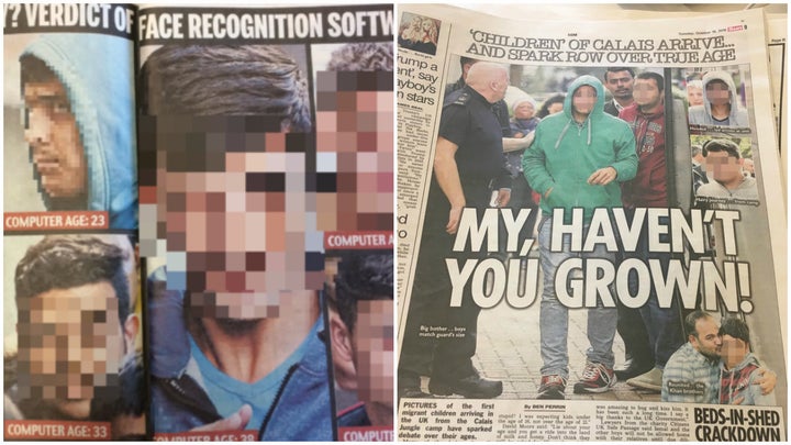 <strong>How the Daily Mail (left) and The Sun (right) used the images of refugees last week</strong> (Pixelation added by HuffPost UK)