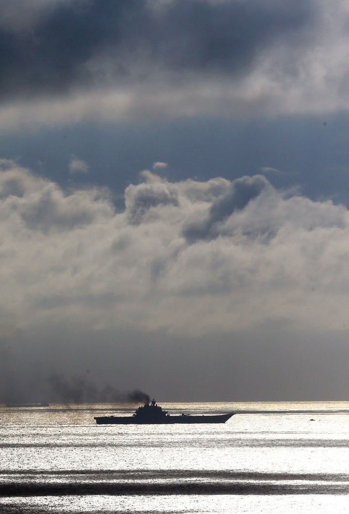 The Russian aircraft carrier Admiral Kuznetsov passes through the Strait of Dover 