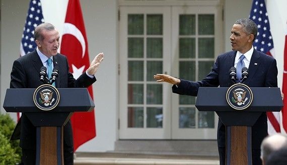 Turkish President Erdogan is holding a news conference with his U.S. counterpart, Barack Obama, in Washington D.C., in this 2013 file photo. 