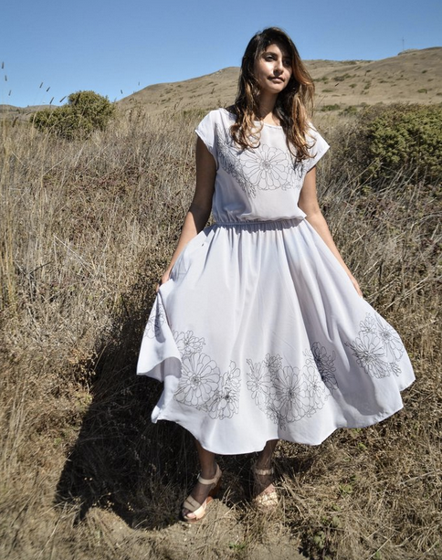 Tonlé dress, made from remnant chiffon with hand-printed design. 