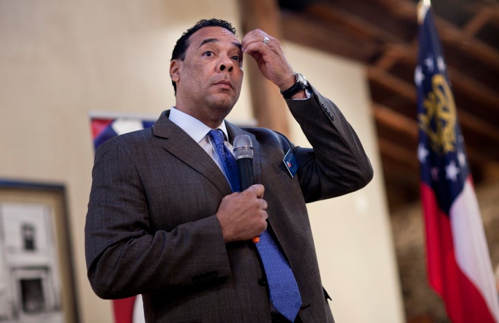 Bruce LeVell, chairman of the Gwinnett County Republican Party, conducts a party meeting on March 3, 2012, in Lawrenceville, Georgia.