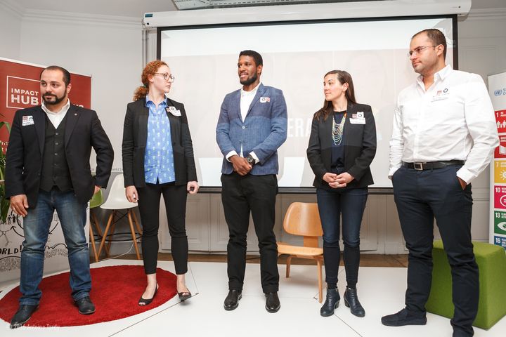 Five finalists who presented @Social Good Summit in Geneva - (L to R) - Suren Aloyan, Founder, Chairman, CEO, Dasaran (Armenia), Lizzie Merrill, Project Manager, Ignitia (Ghana), Sidiki Sow, CEO and Founder, ProTERA (Mali), Verena Liedgens, COO & Co-Founder, Agruppa (Colombia), Juan Nicolas Suarez Bonilla, CEO/Co-founder, Diseclar (Colombia)