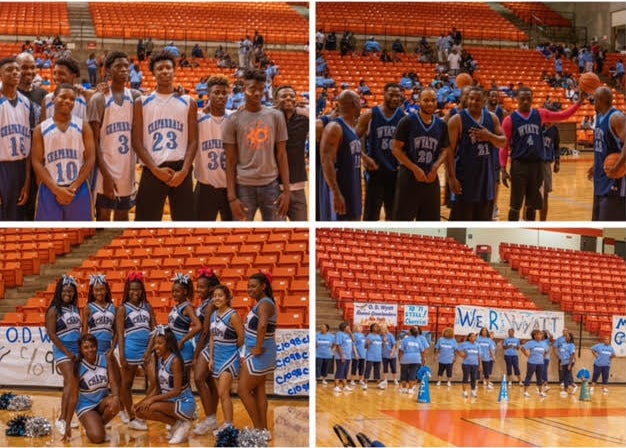 New School Basketball Team (Top Left); New School Cheerleaders (Bottom Left); Old School Basketball Team (Top Right); Old Sch