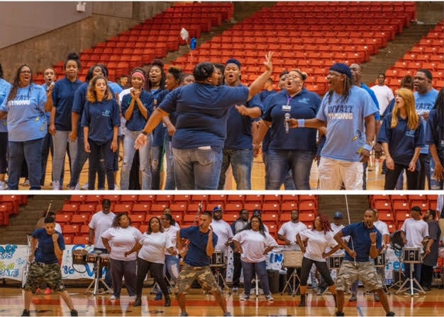 Alumni and Student Mixed Choir (Top); Alumni Band Drumline (Bottom)