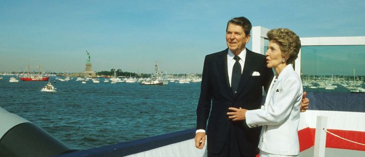President Ronald Reagan stands with his wife Nancy during the Statue of Liberty's centennial celebration July 4, 1986 in New York City. Bill Fugazy resented the fact that Reagan presented awards to 12 immigrants, none of whom were Italian, Irish or Polish.