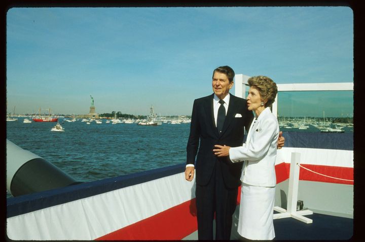 President Ronald Reagan stands with his wife Nancy during the Statue of Liberty's centennial celebration July 4, 1986 in New York City. Bill Fugazy resented the fact that Reagan presented awards to 12 immigrants, none of whom were Italian, Irish or Polish.